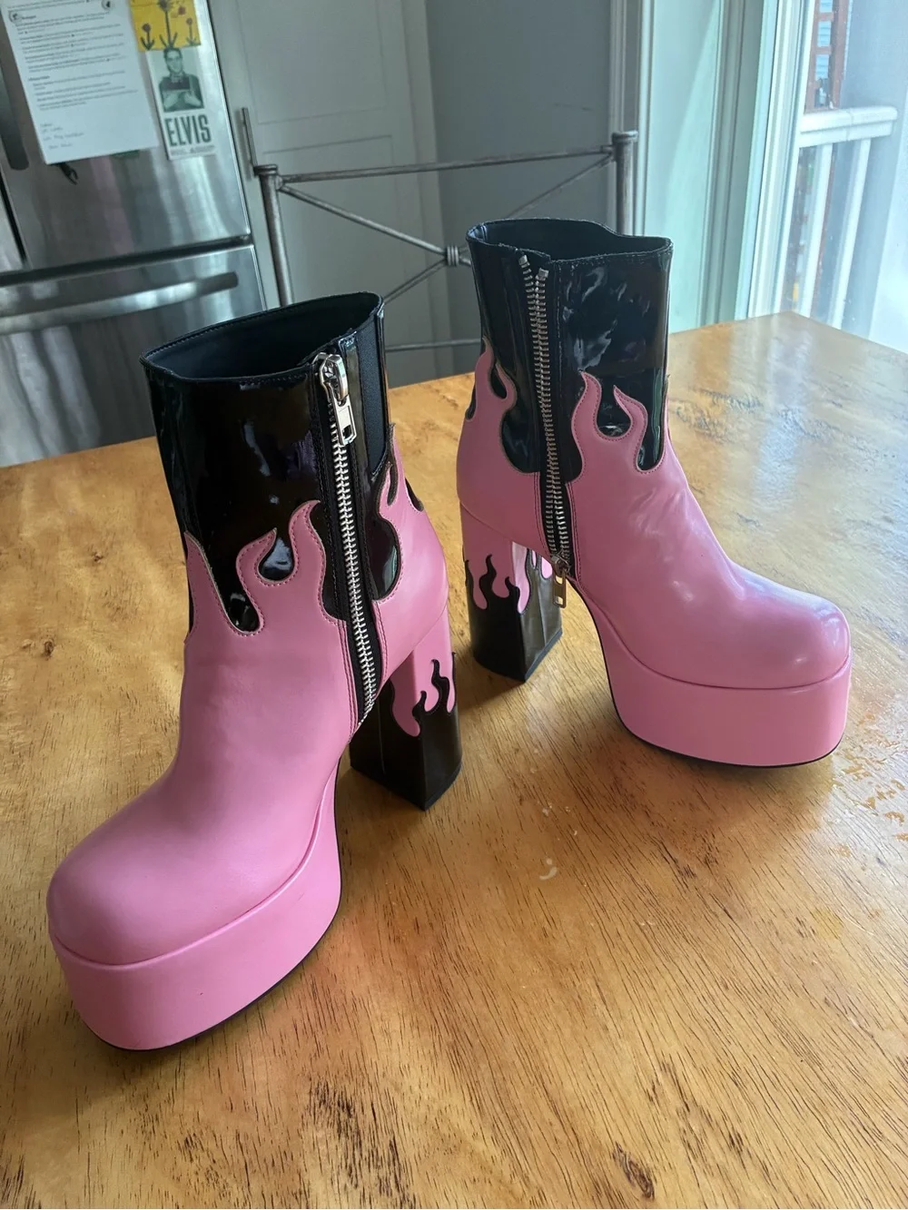 Sugar Thrillz Pink and Black Flame Platform Ankle Boots